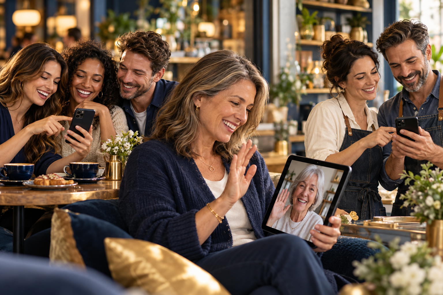 Friends sharing a moment on a phone, family connecting by tablet video call, and business owners using a smartphone together.